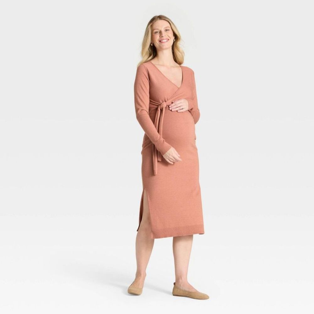 Long Sleeve Wrap Midi Maternity Sweater Dress - Mauve L